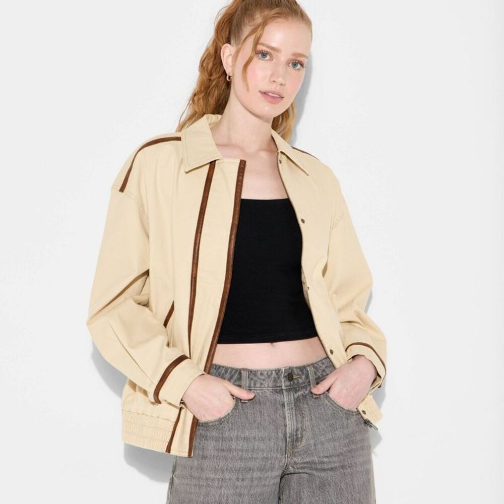 Women's Canvas Faux Leather Trim Bomber Jacket - Wild Fable Beige XS